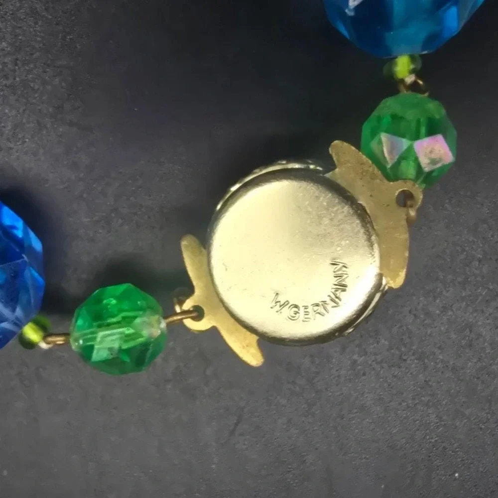 West Germany Blue Green Beaded Necklace Aurora Borealis Plastic Vintage